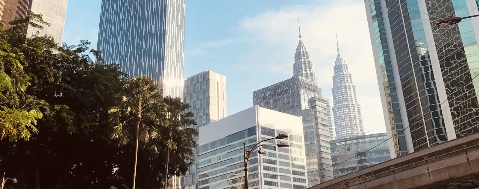 The Kuala Lumpur skyline with the Petronas Twin Towers seen between palm trees.